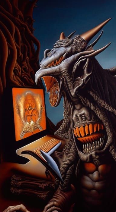 Beastly Troll Screams at Computer: Fantasy Art