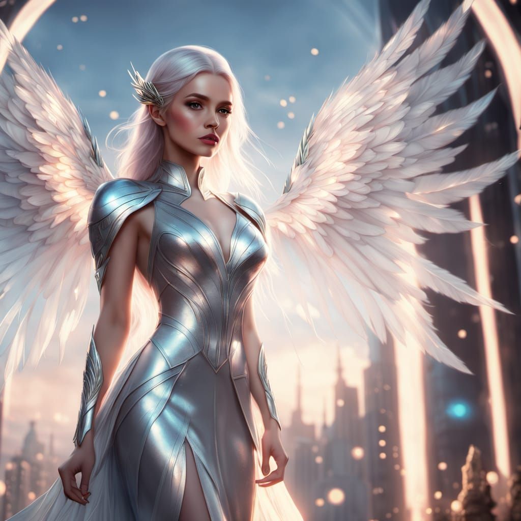 Elven Woman with Radiant Wings in Futuristic Glass City