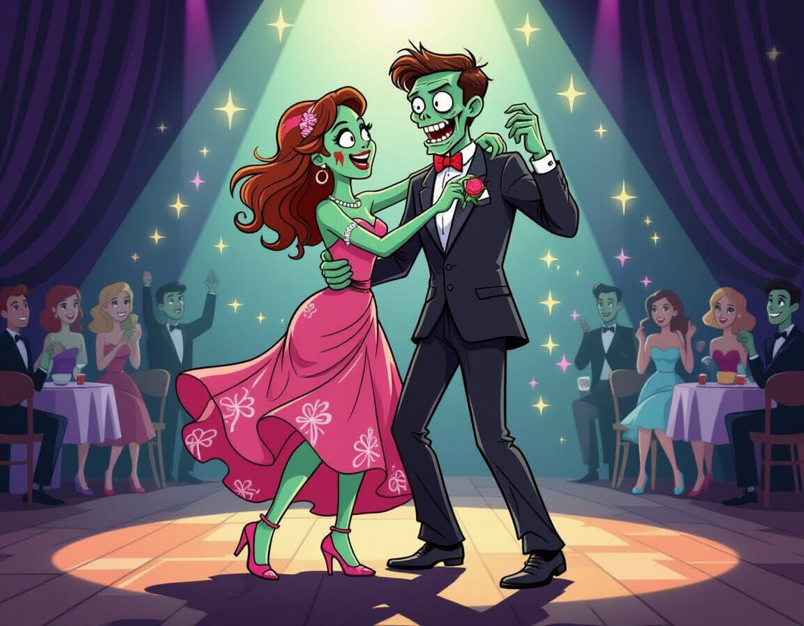 Zombie Couple Dancing at Prom in Hanna-Barbera Style