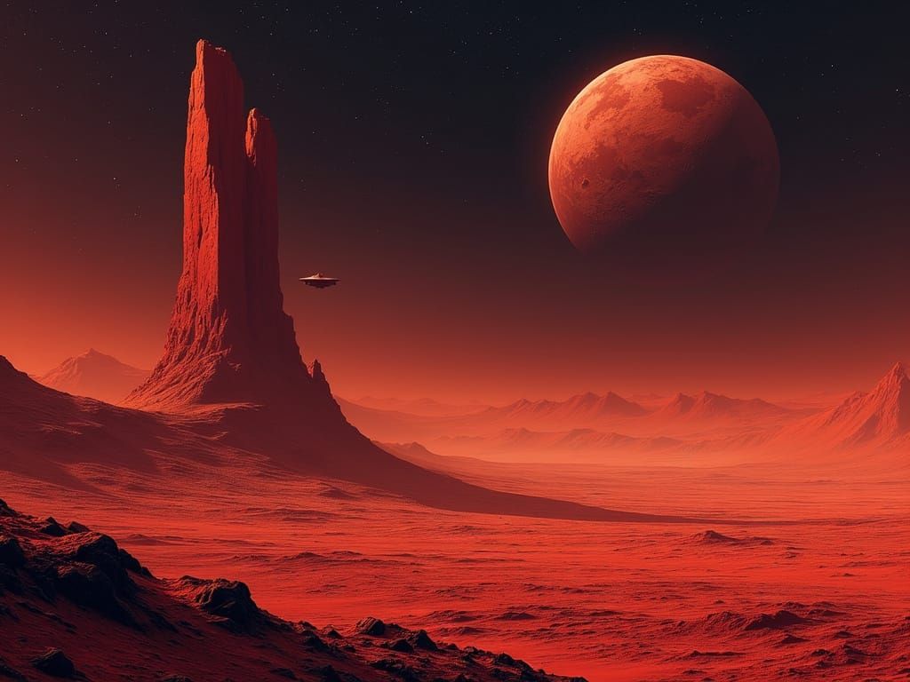 Martian Landscape with Tall Red Tower and Spaceship