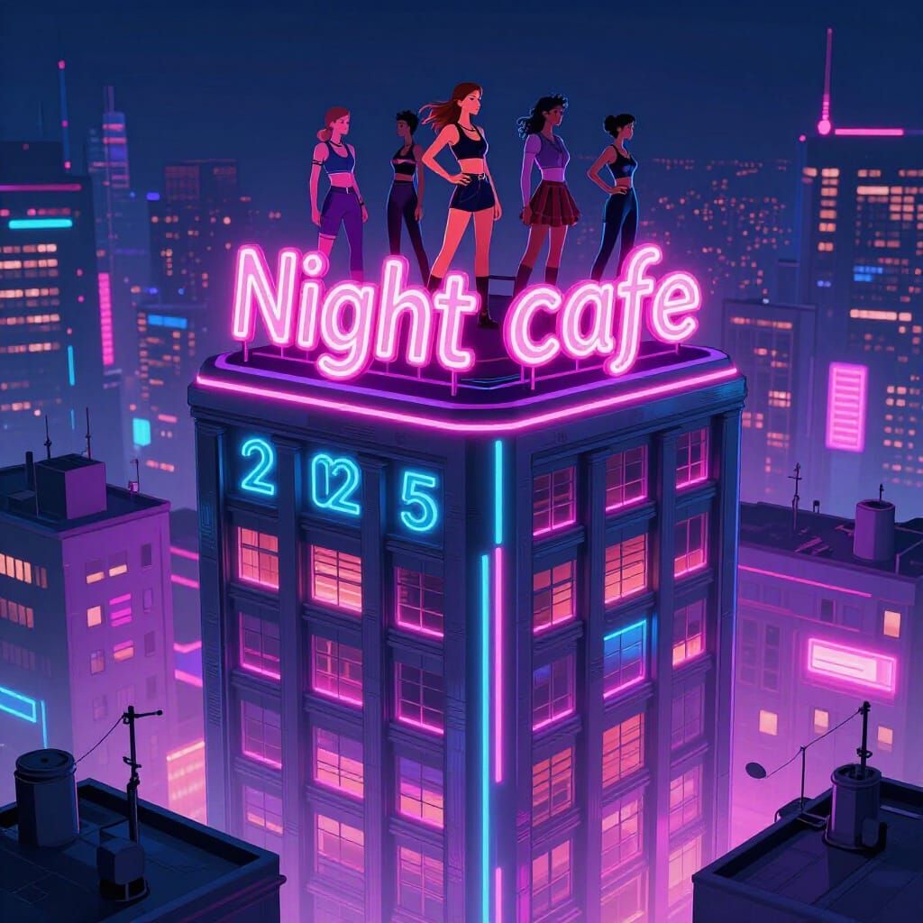 Synthwave Neon Building With Heroes Overlooking Cityscape