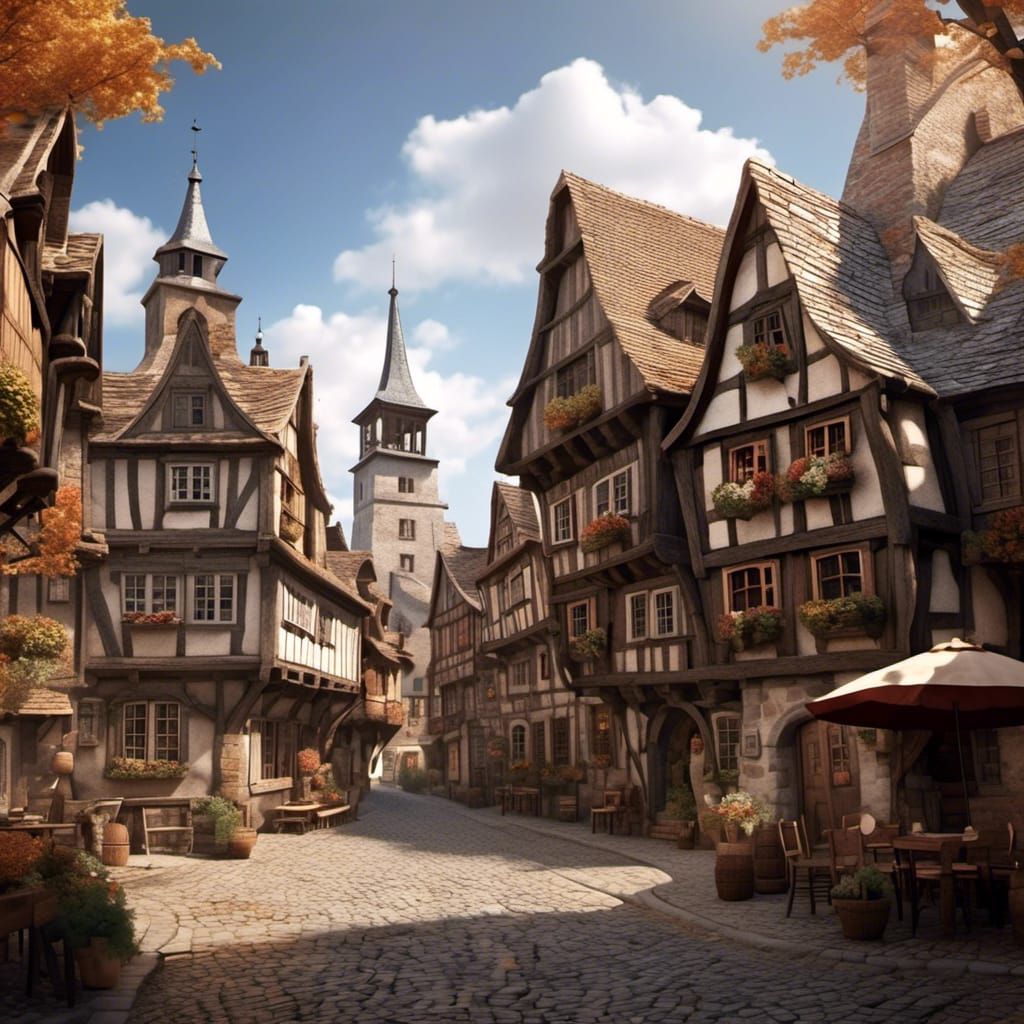 Hyperrealistic Medieval Street with Half-Timbered Houses