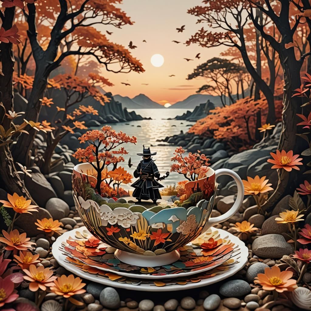Magical Paper Cut Teacup with Autumn Beach Scene