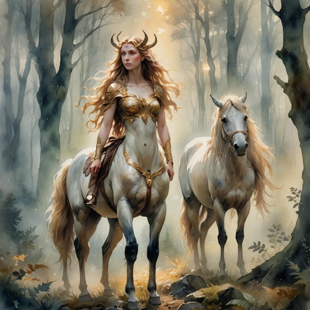 Elegant Young Centaur in Misty Forest, Watercolor Style