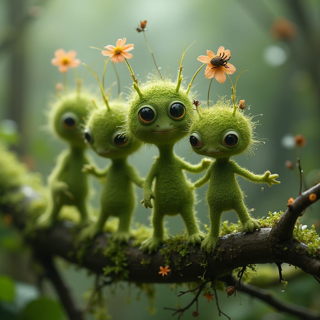 Whimsical Moss Creatures in a Rainy Forest