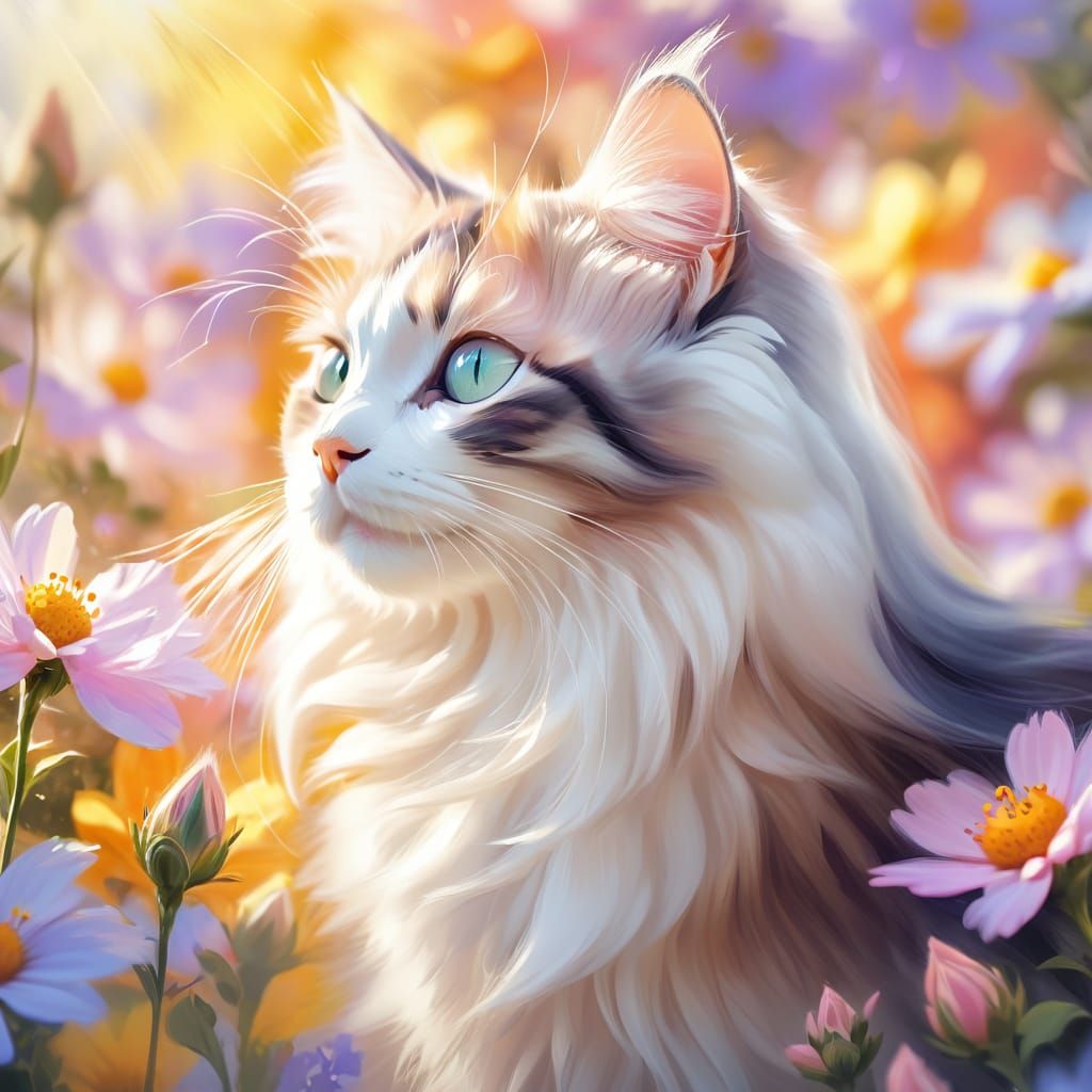 Long-Haired Kitty in Flowers: Impressionistic Digital Art
