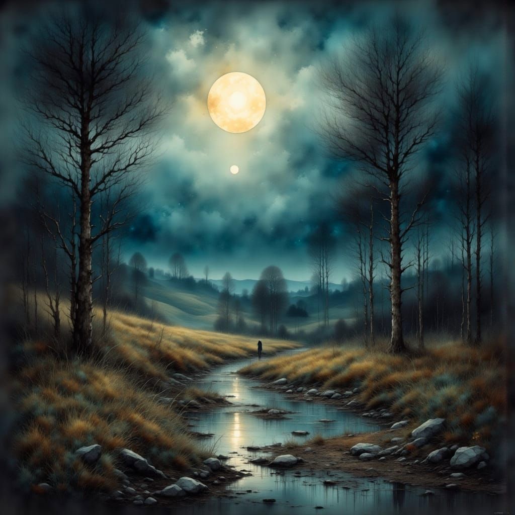Moonlit Moor Landscape in Romanticism Oil Painting