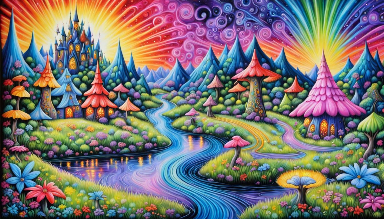 Sparkling Fairy Valley Painting in Psychedelic Neon Glow