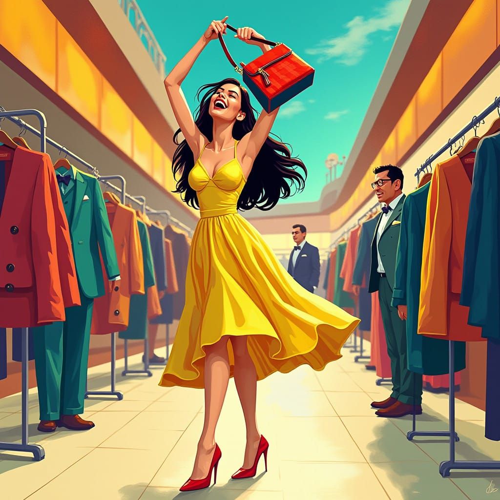 Glamorous Woman Holds Up Designer Handbag Amidst Shopping Ma...