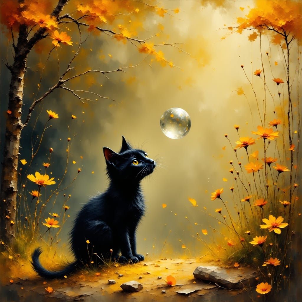 Black Cat Gazing at Bubble in Dreamlike Garden