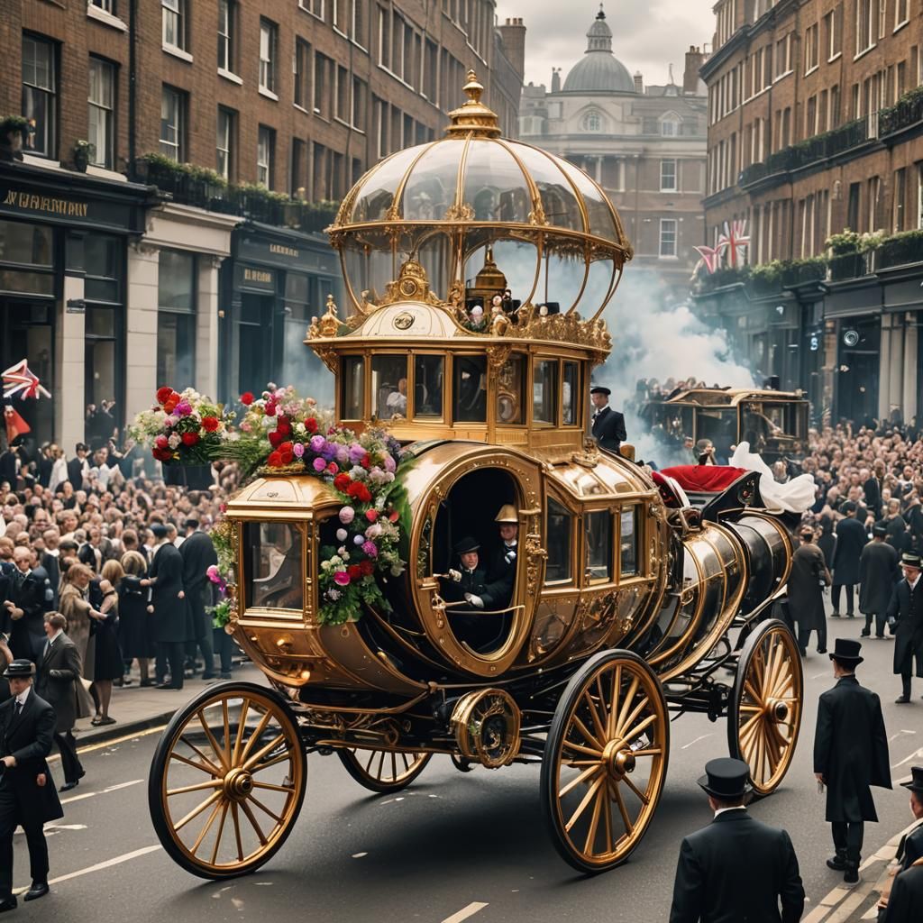 Royal carriage going through the streets of London with peop...