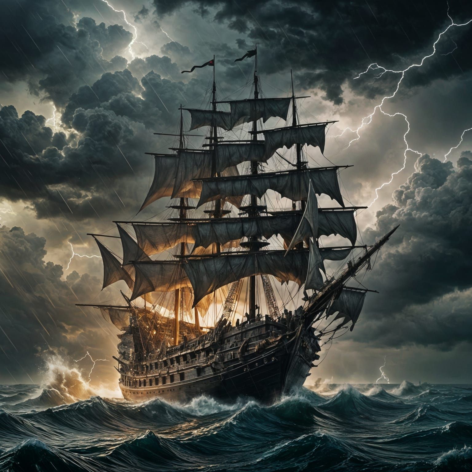 Dragon Flies Through Storm Over Ancient Ship