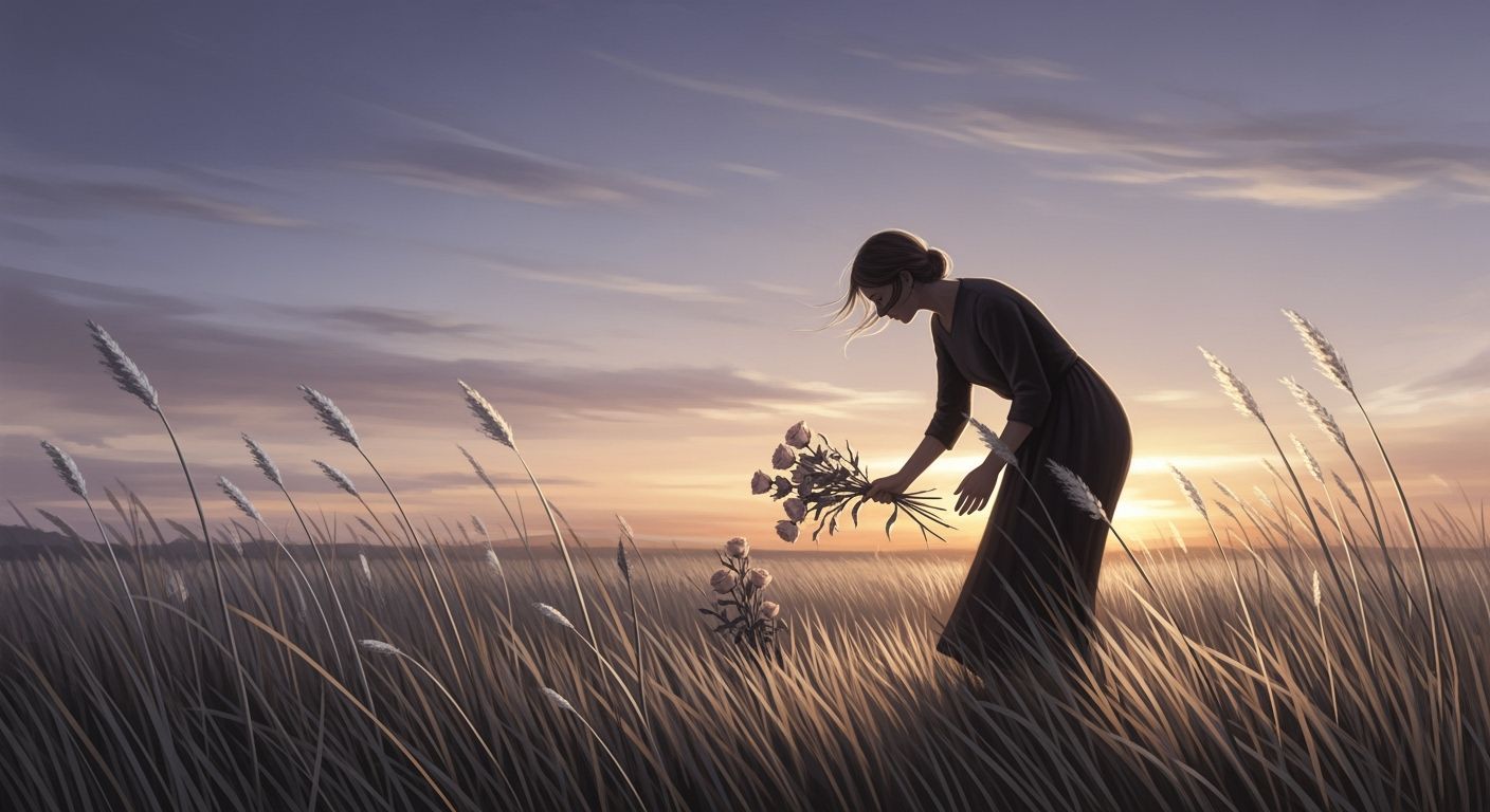 Woman with Flowers in Field, Emotional Realism