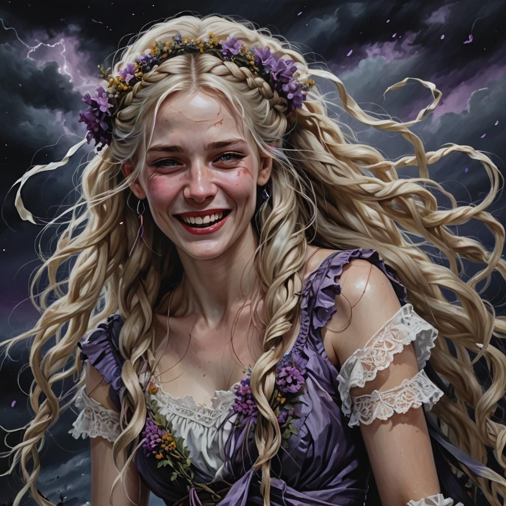 Laughing Woman Portrait in Dark Fantasy Alphonse Mucha Style