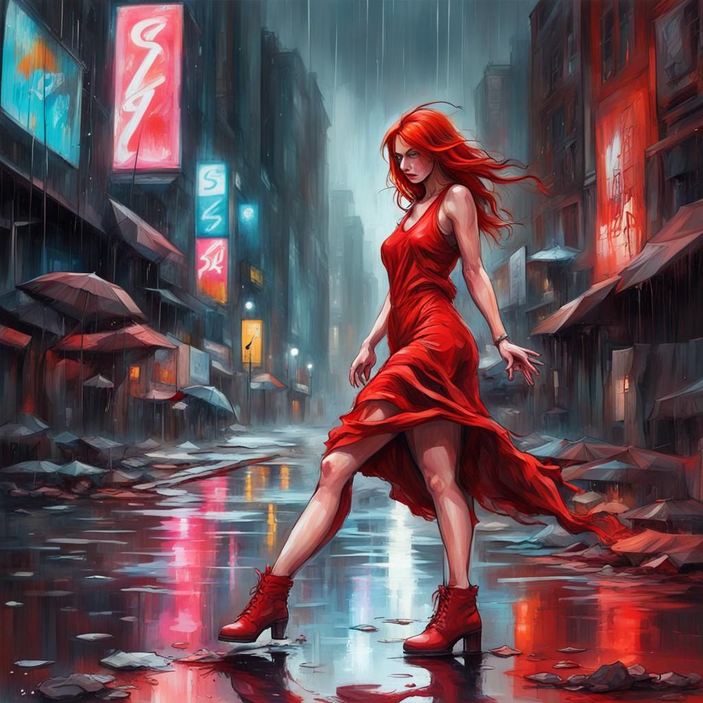 Redhead in Rainy Cyberpunk Cityscape