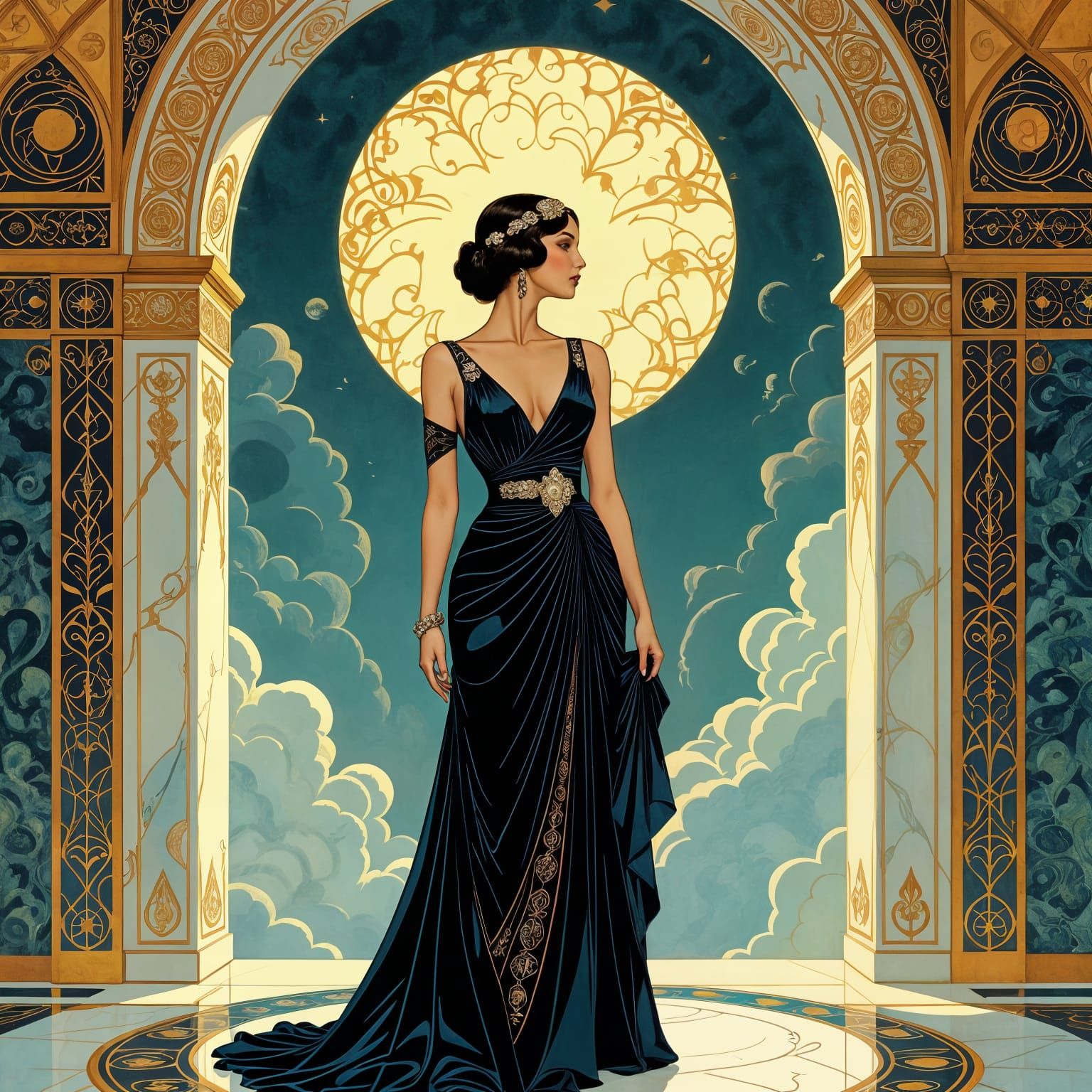 Elegant Woman in Surreal Art Deco Oil Painting