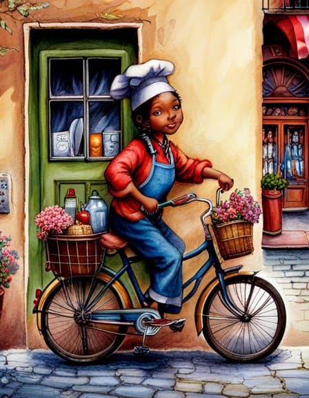 Happy Chef on Bicycle in Urban Street, Detailed Macro Photog...