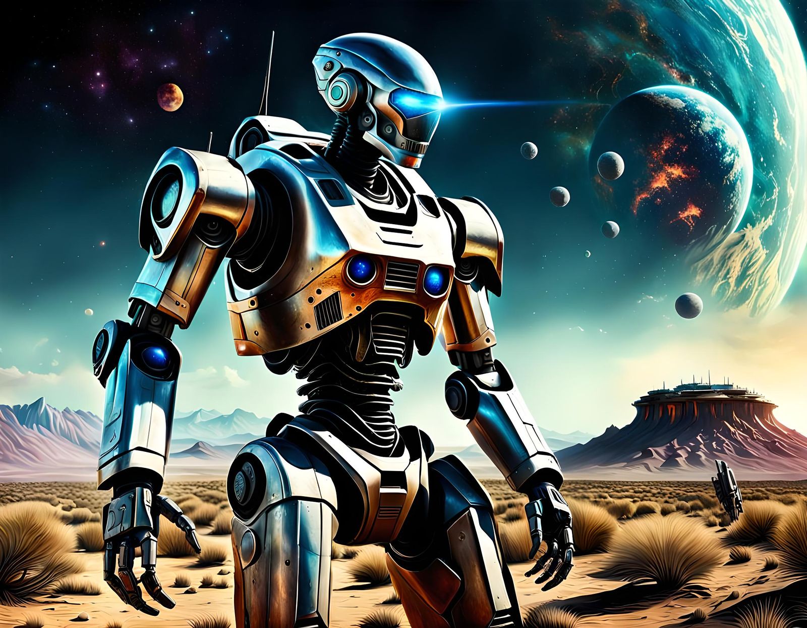 Robot Soldier in Post-Apocalyptic Landscape