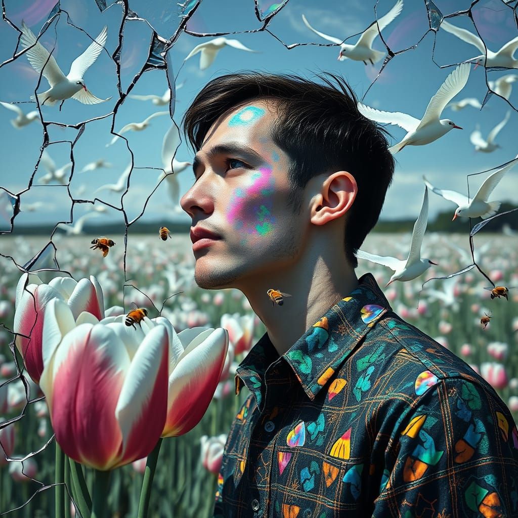 Man Talking to Bees in Opal Tulips: Surreal Photography