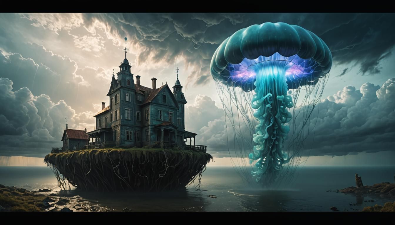 Surreal Floating Jellyfish Above Abandoned Village