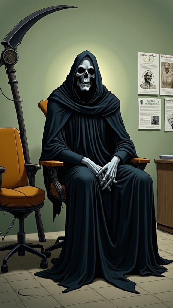 Grim Reaper's Dental Appointment in Somber Surrealism