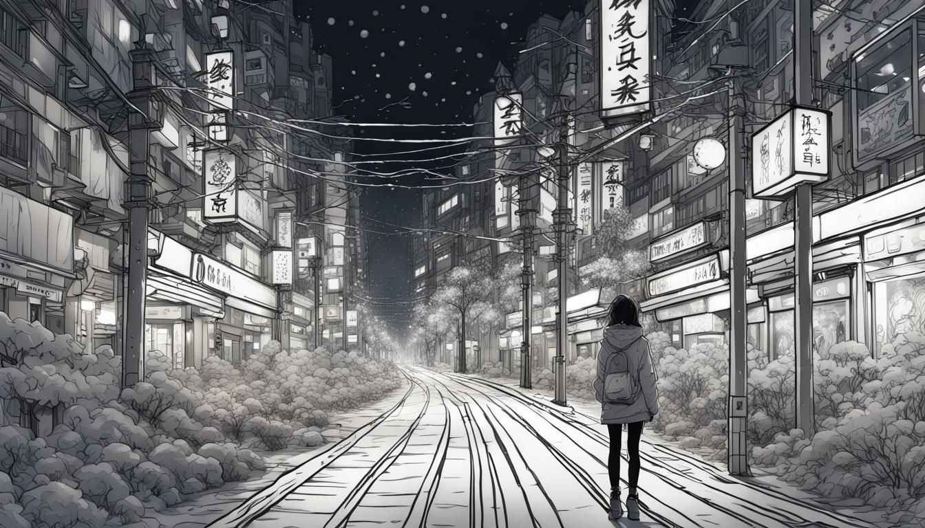 Girl in Winter Tokyo: Chaotic Line Art Wonderland