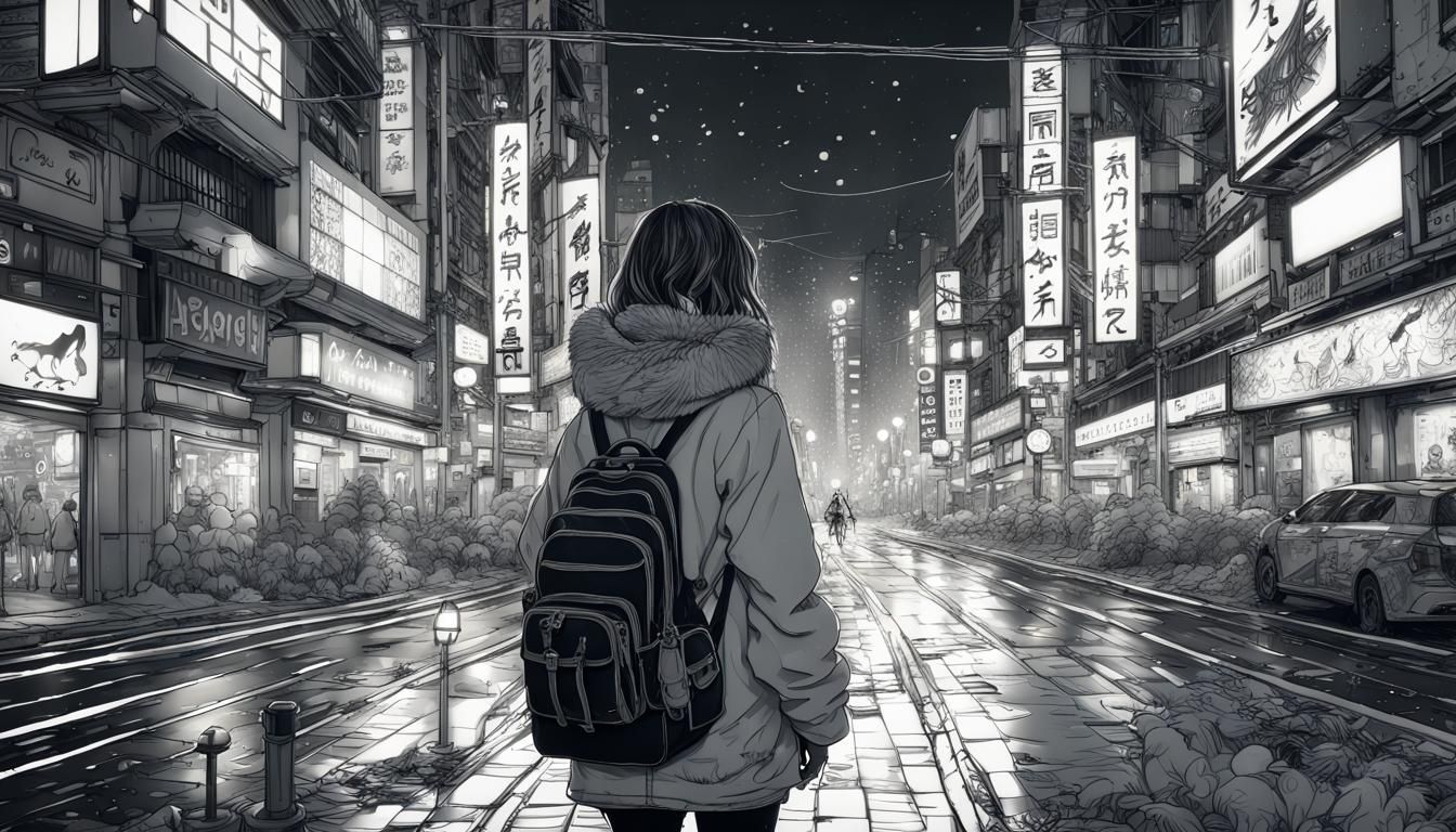 Girl in Winter Tokyo City: Chaotic Line Art