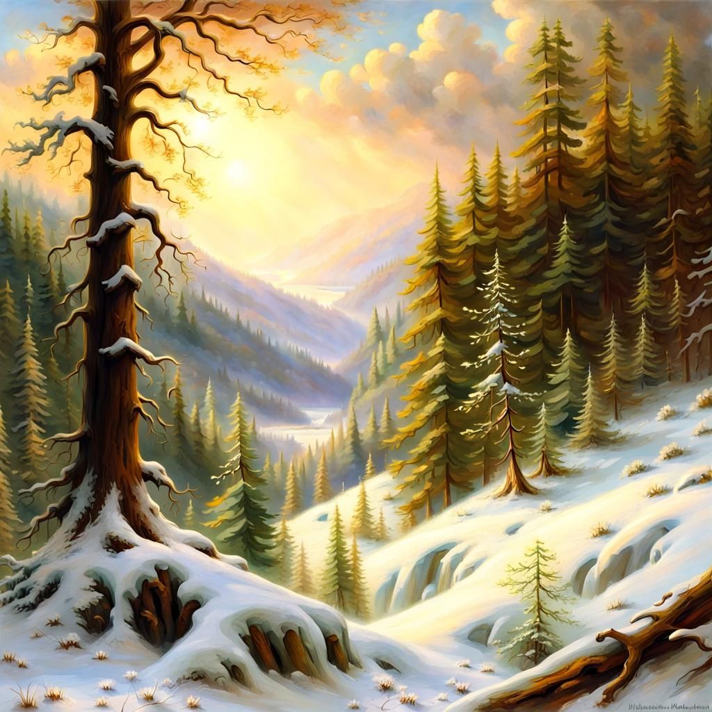 Snowy Evergreen Forest in Luminist Style