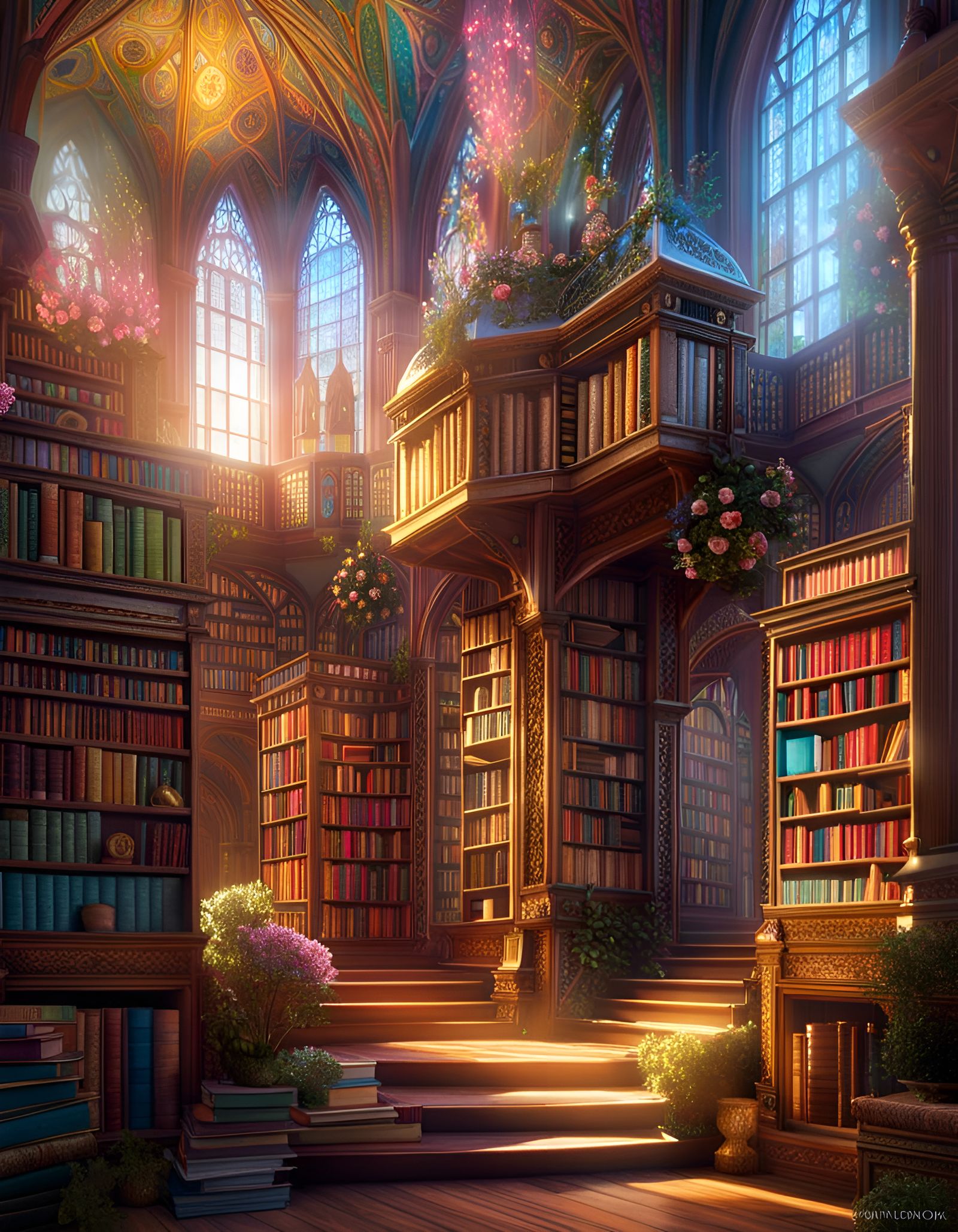 Enchanted Elven Library with Rainbow Colors