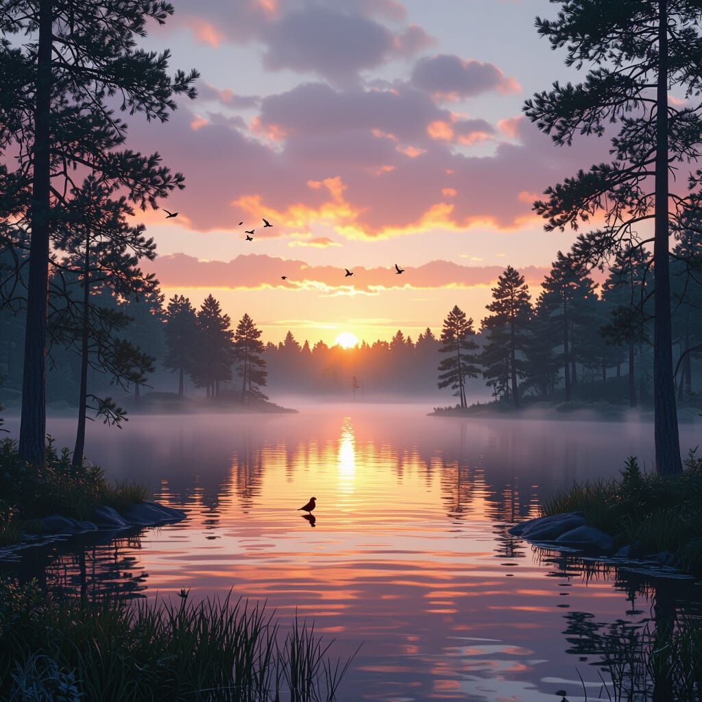 Serene Sunrise Over Misty Lake in Detailed Matte Painting St...