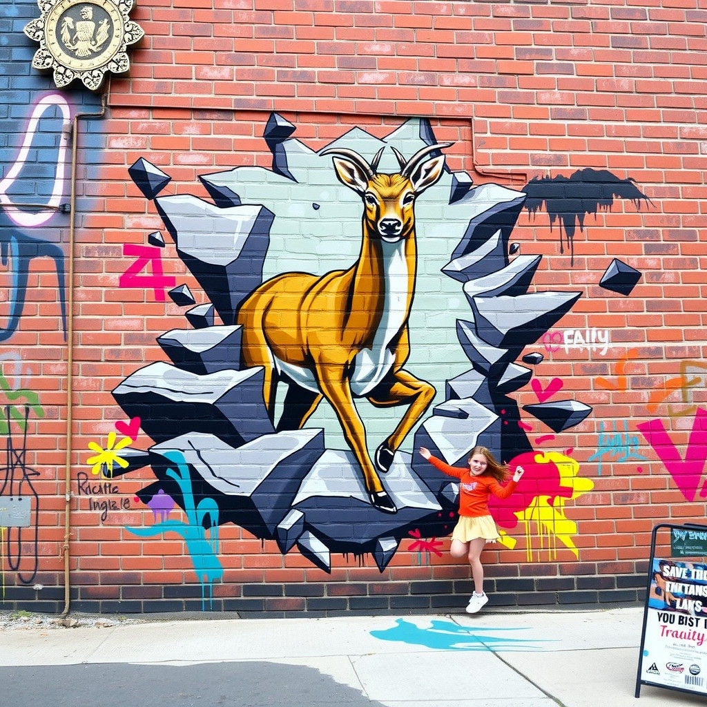 Energetic Street Art: 3D Deer Mural with Dancing Girl