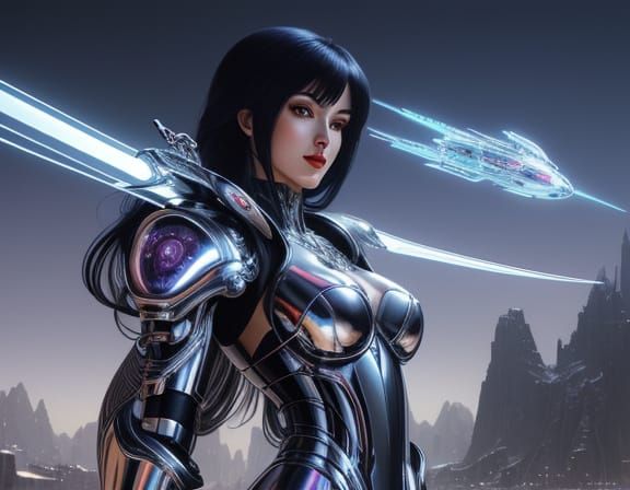 Chrome Gynoid with Holy Sword in Art Nouveau Style