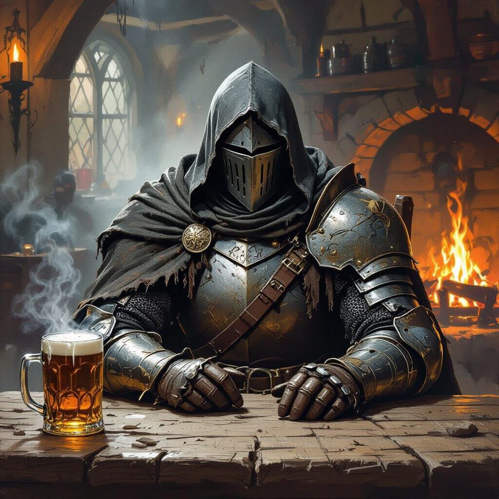 Knight in Dim Tavern, Gritty Fantasy Style