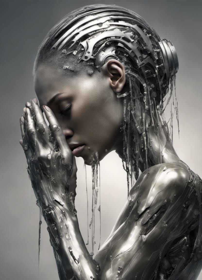 Cybernetic Woman's Grief: A Cyberpunk Portrait