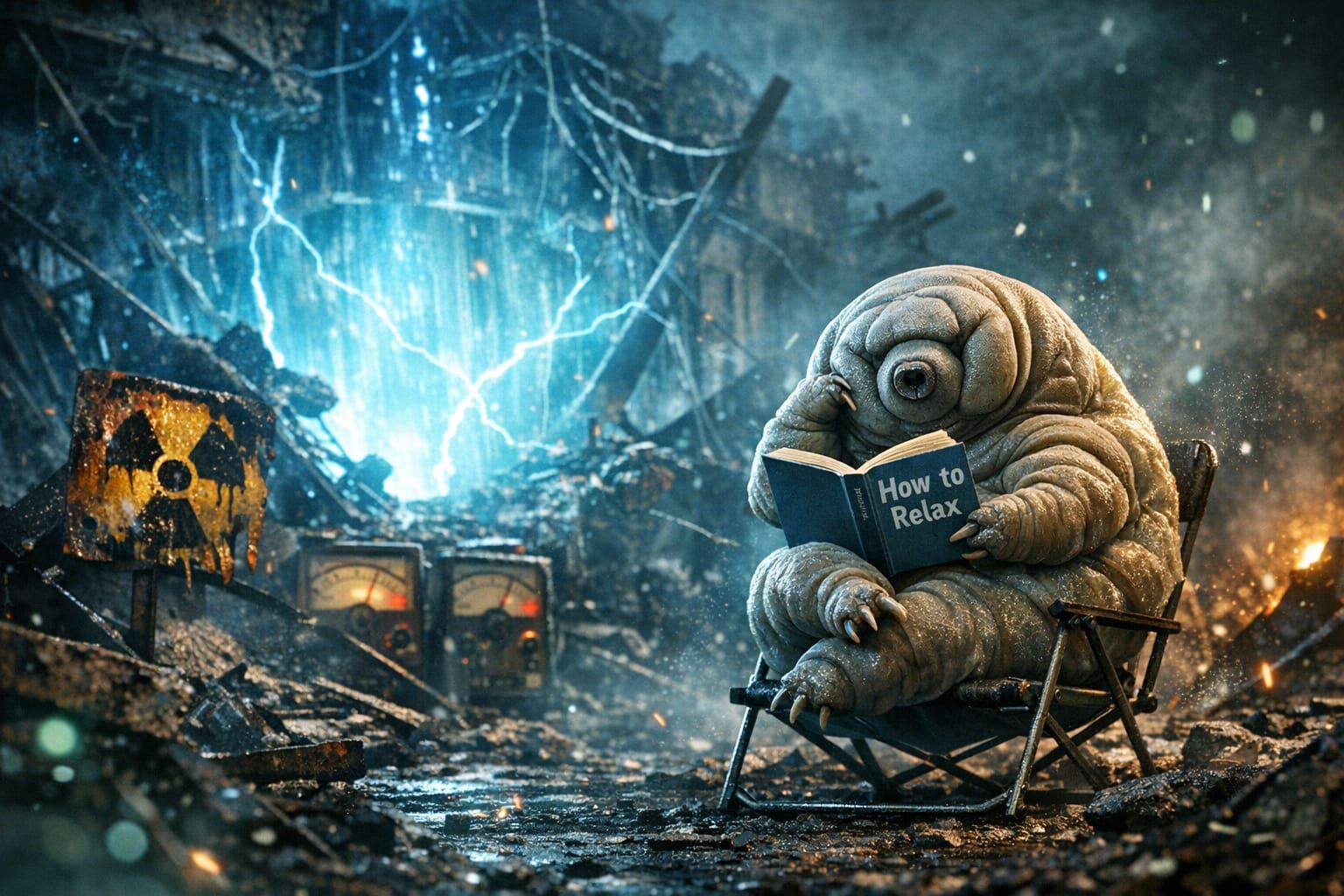 Tardigrade Reads Book Amidst Nuclear Reactor Disaster