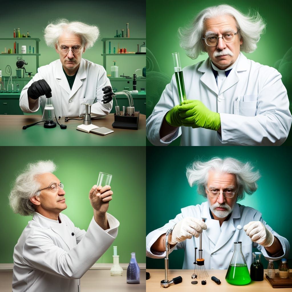 Mad Scientist Experimenting in Lab with Green Background
