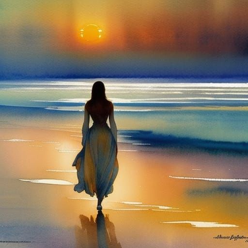 Watercolor Woman on Florida Beach at Sunset