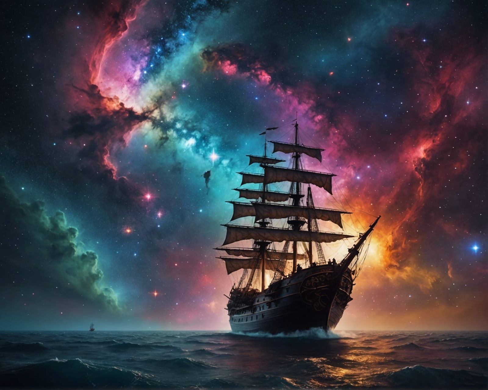 Medieval Ship Sailing Through Colorful Space Nebula
