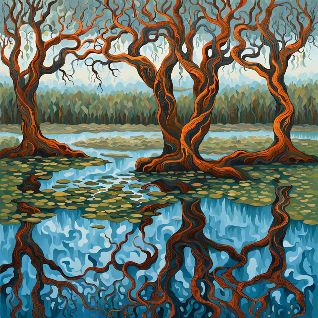 Abstract Swamp: Intertwined Trees in Vivid Colors