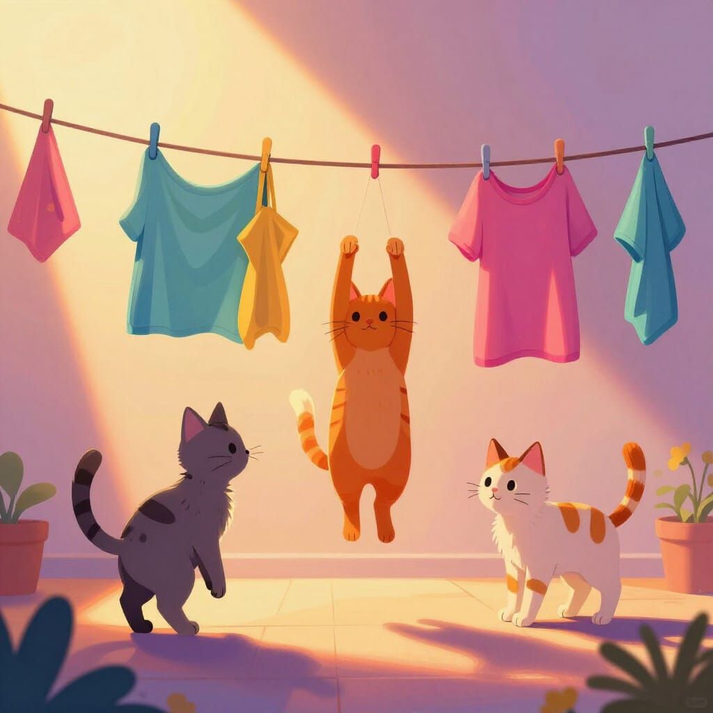 Playful Cats on Clothesline in Warm Afternoon Light