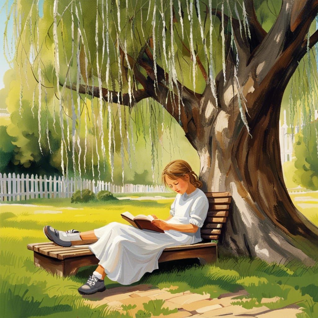 Girl Reading Under Weeping Willow: Hyperrealistic Garden Sce...