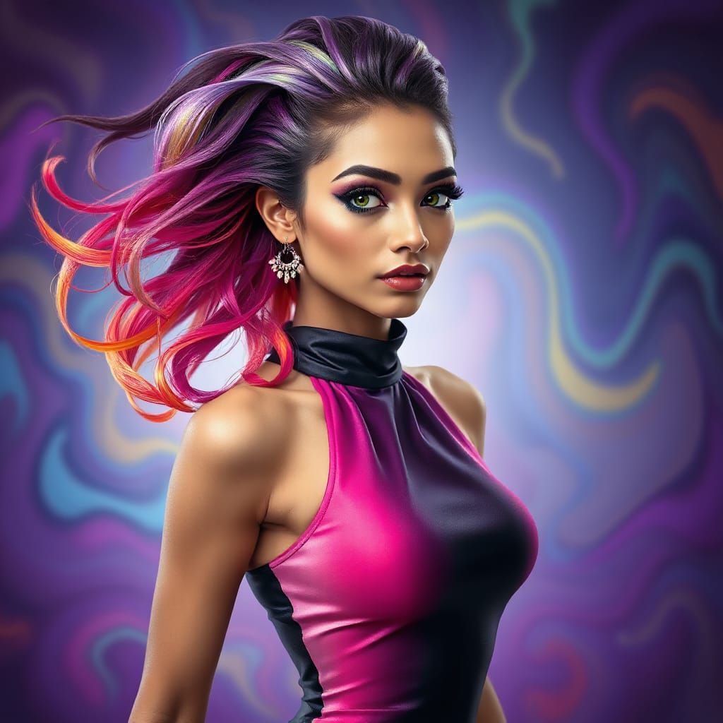 Ethereal Goa Goddess in Vibrant Hair and Gradient Dress