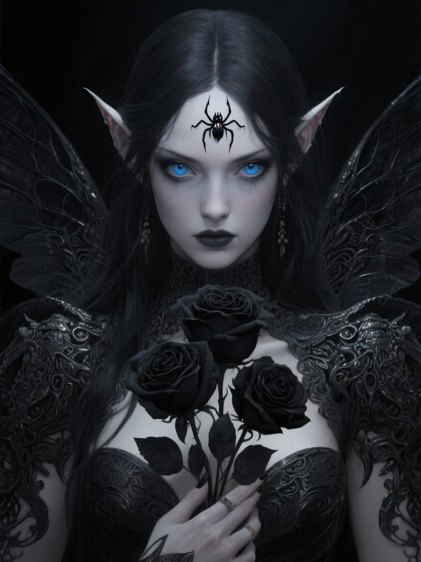 Dark Fairy with Black Roses: A Fantasy Portrait