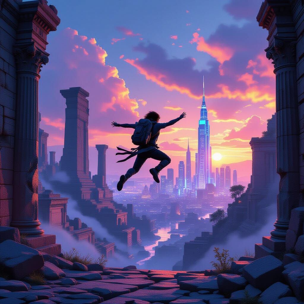 Mid-Jump: Ancient Ruins Meet Neon Future, Digital Art