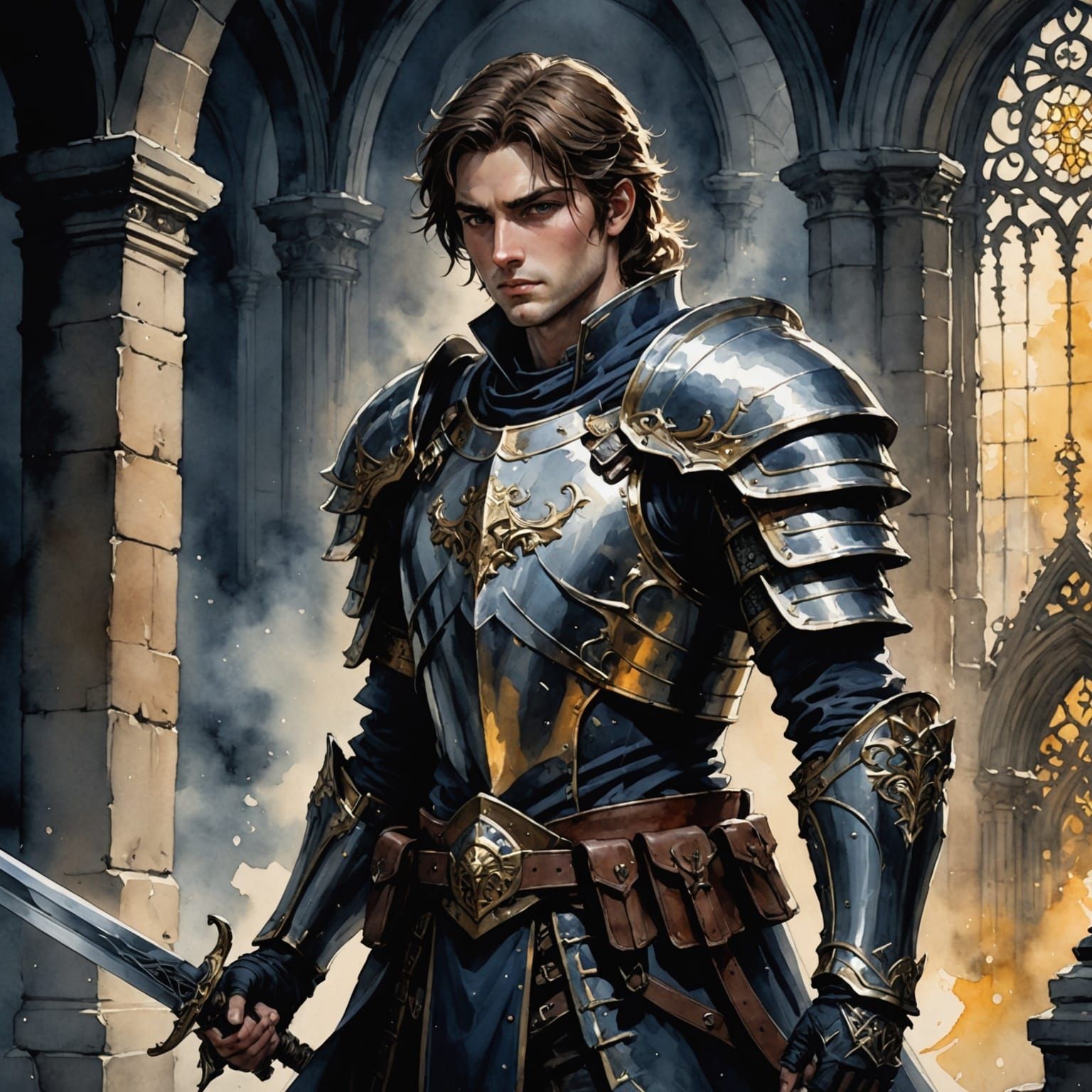 Anime Paladin in Watercolor Chiaroscuro Style