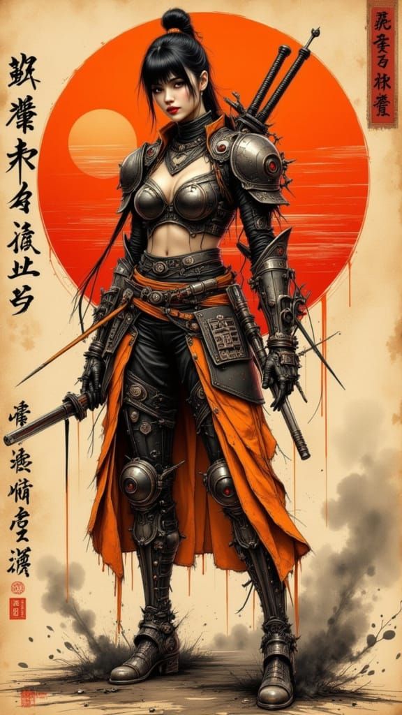 Steampunk Warrior Woman with Katana in Cyberpunk Style