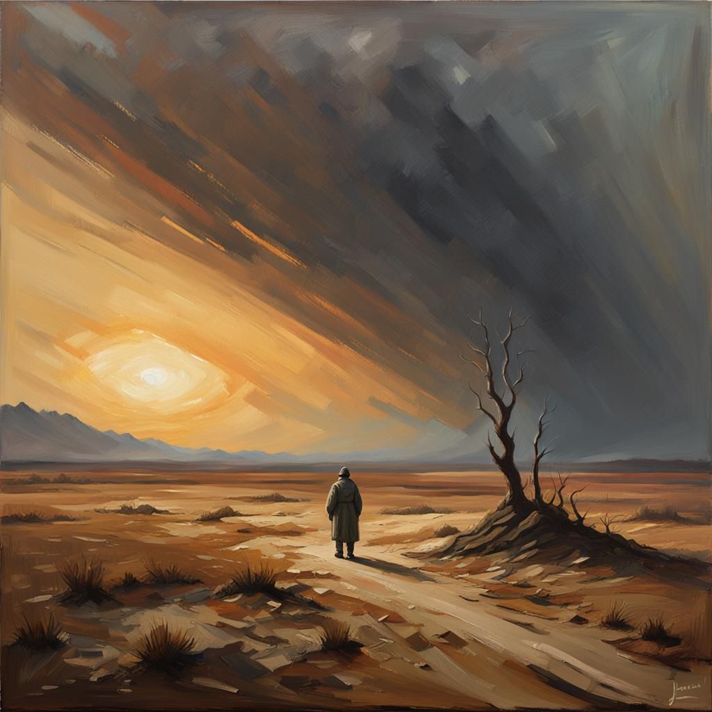 Desolate Landscape: Atmospheric Oil Painting in Golden Hour