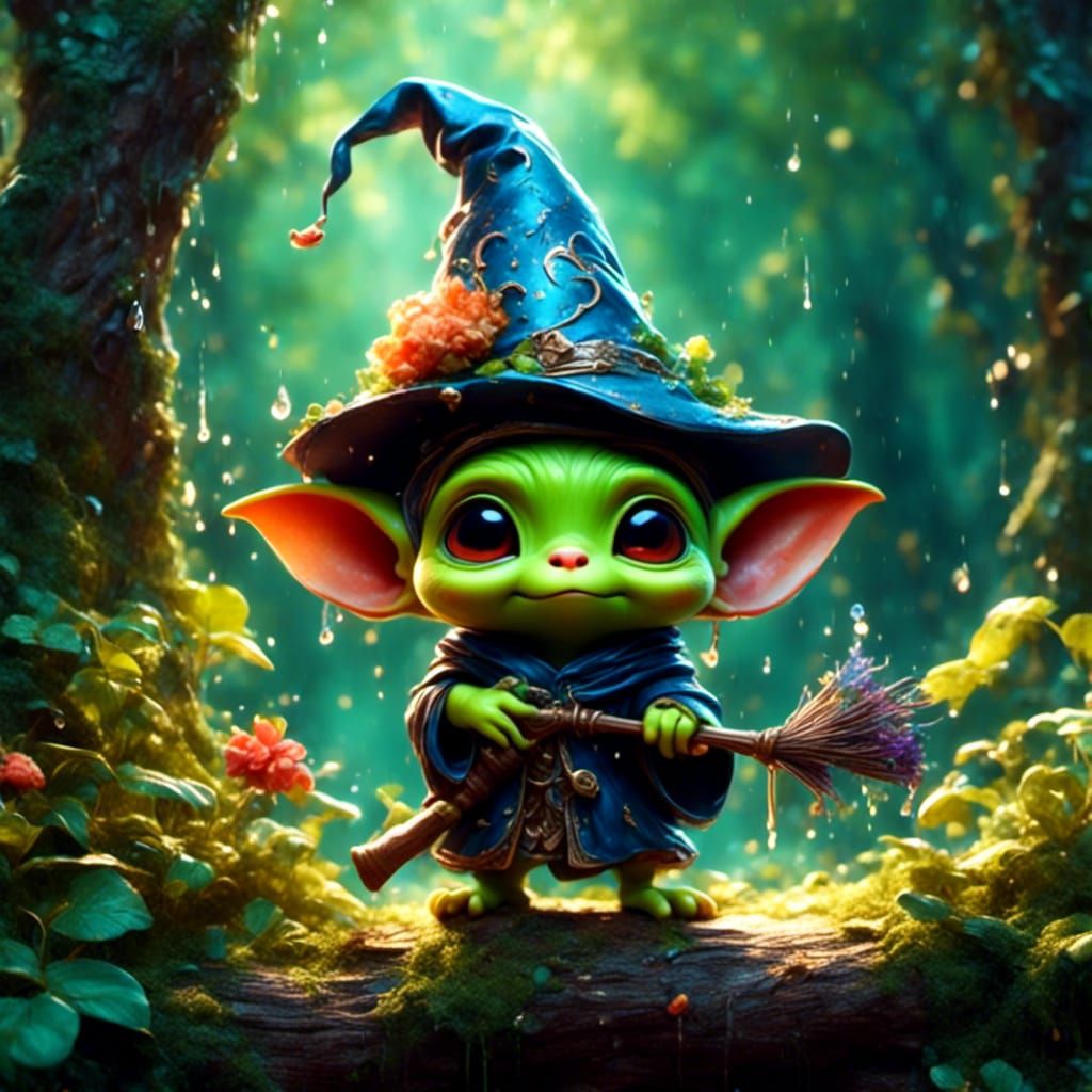 Adorable Chibi Goblin Wizard in Forest Backdrop