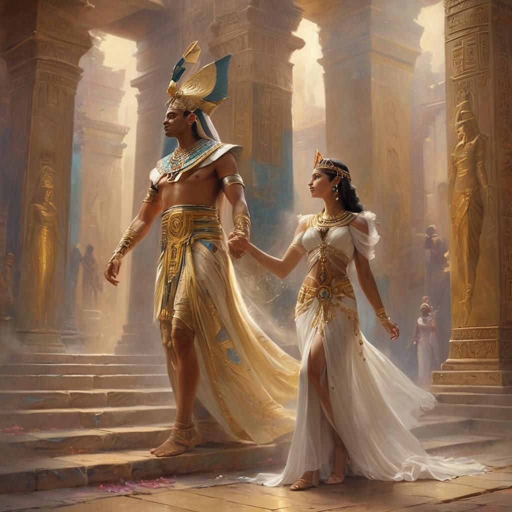 Pharaoh and Queen Dancing in Ethereal Temple
