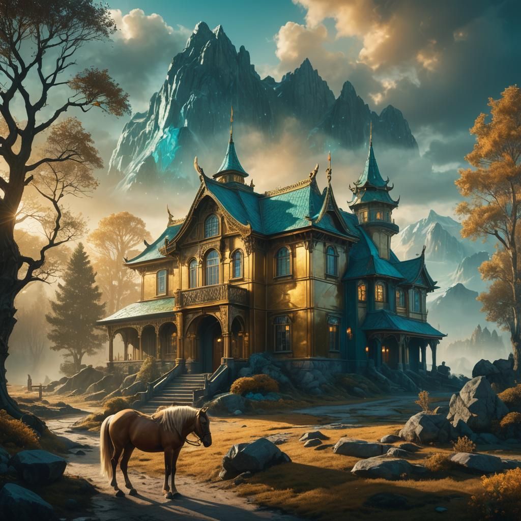 Golden House with Horse: Fantasy Art Deco Scene